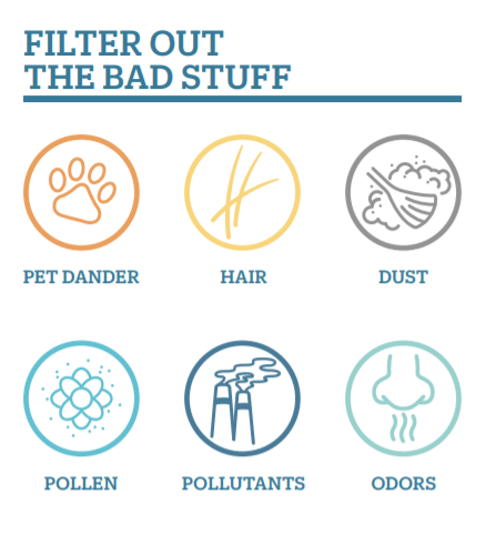 Filters out Pet Dander, Hair, Dust, Pollen, Polluntants, and Odors